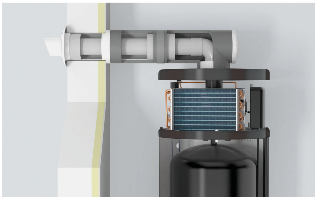 Uno de los elementos diferenciales de este modelo es su kit de ventilación concéntrico exclusivo, una solución innovadora que simplifica la instalación y mejora tanto la eficiencia como la estética del conjunto. Este sistema permite realizar la toma y expulsión del aire mediante un único accesorio altamente flexible, reduciendo la complejidad de la instalación.